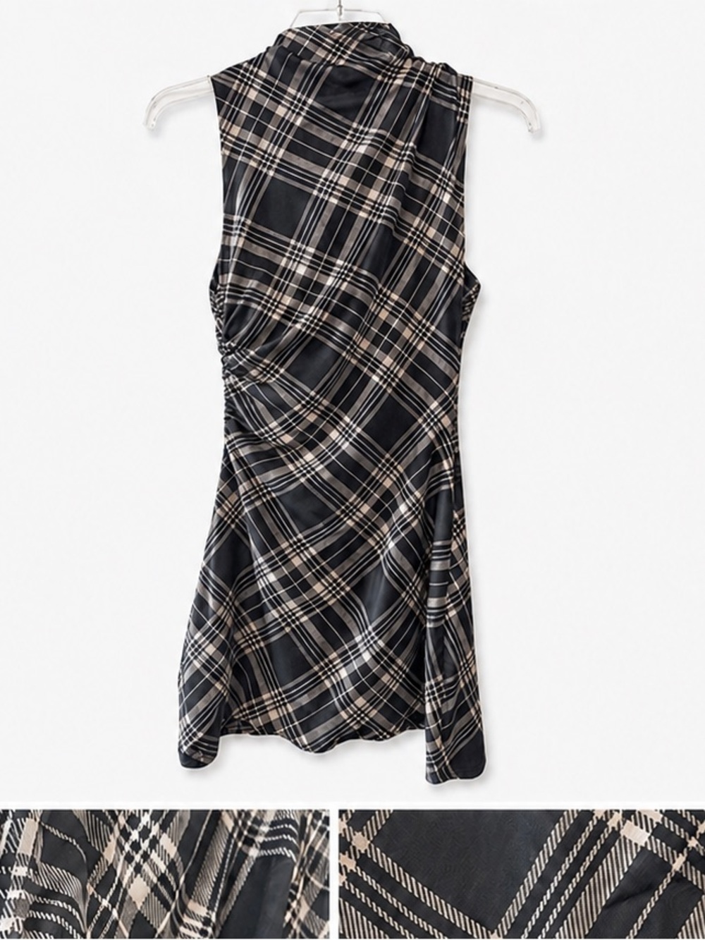 Plaid Tartan Mesh Mock Collar Black Mini Dress Ruched A Line Sleeveless
